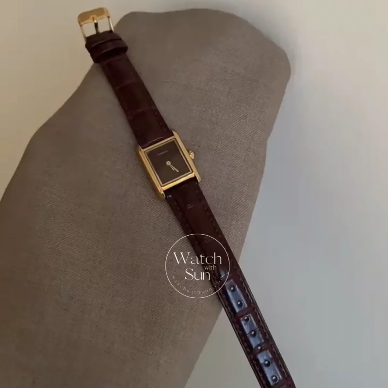 Classic Brown eather Square Black Dial Watch for Women
