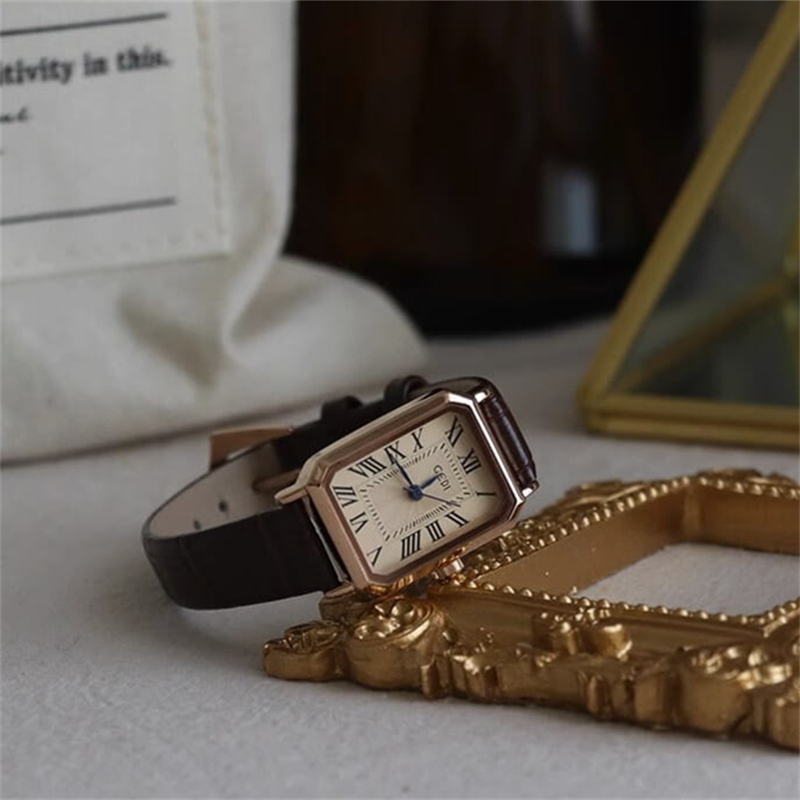 Vintage Style White/Black Rectangle Face Genuine Leather Watch for Women