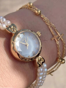 Dainty Gold Round Freshwater Pearl Bracelet Ladies Watch