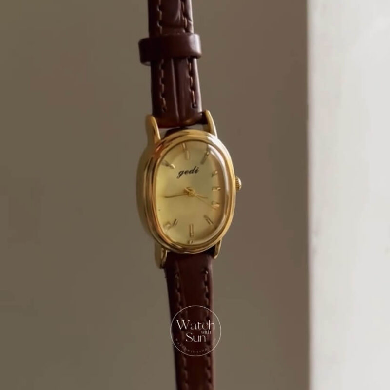 Chic Oval Face Brown Leather Watch for Women