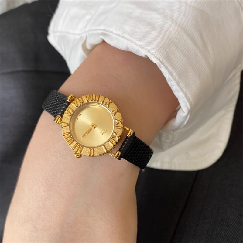 Minimalist Style Black-Gold/Silver Round Leather Watch for Women