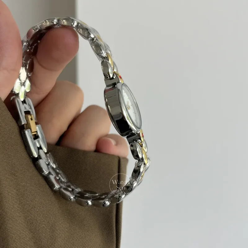 Vintage-Inspired White Dial Oval Face Two Tone Bracelet Watch for Women