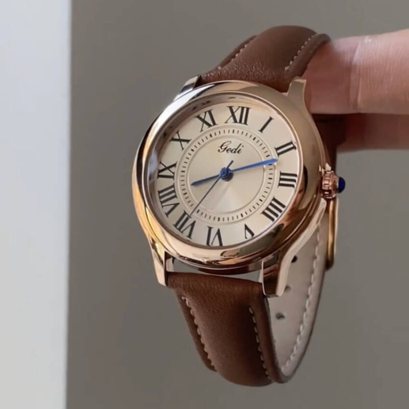 Classic Brown/Black Round Genuine Leather Women's Watch