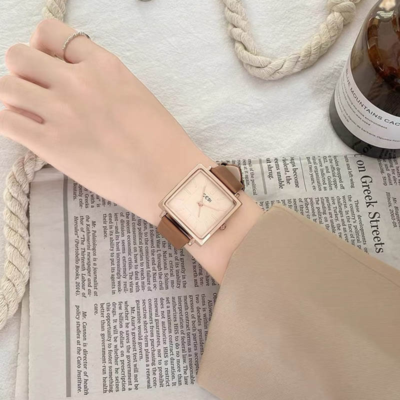 Chic Style Brown/Black Square Leather Watch for Women