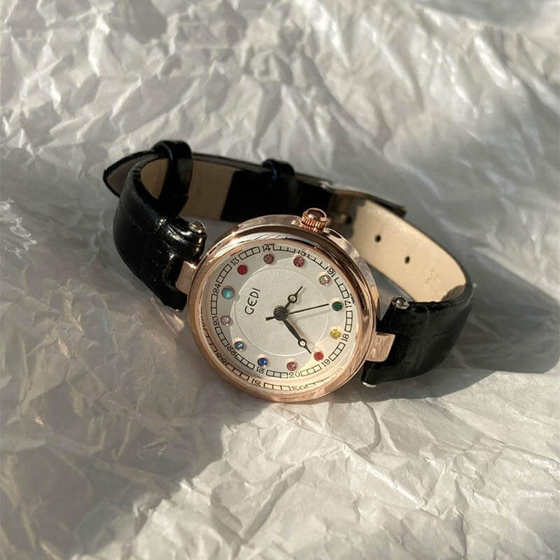 Dainty Brown/Black Round Leather Women’s Watch