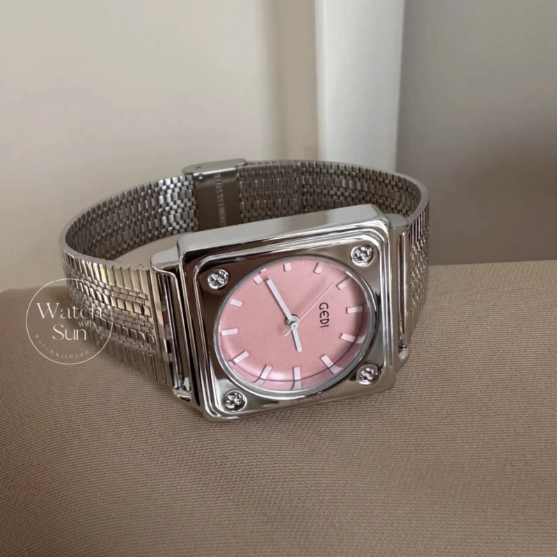 Vintage Style Gold/Blue/Pink Square Stainless Steel Watch
