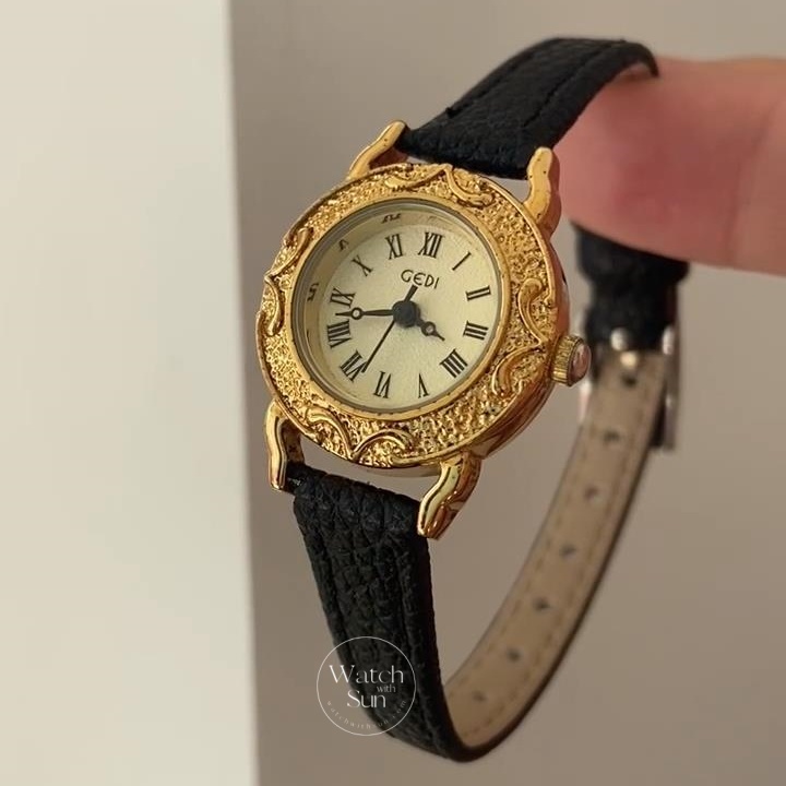 Vintage Style Black Leather Band Watch