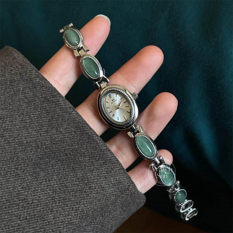 Vintage Green Jade Stone Silver Bracelet Women's Watch