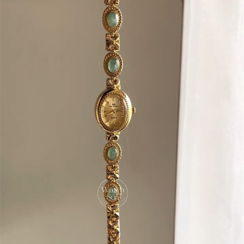 Vintage Oval Face Green Jade Stone Bracelet Watch