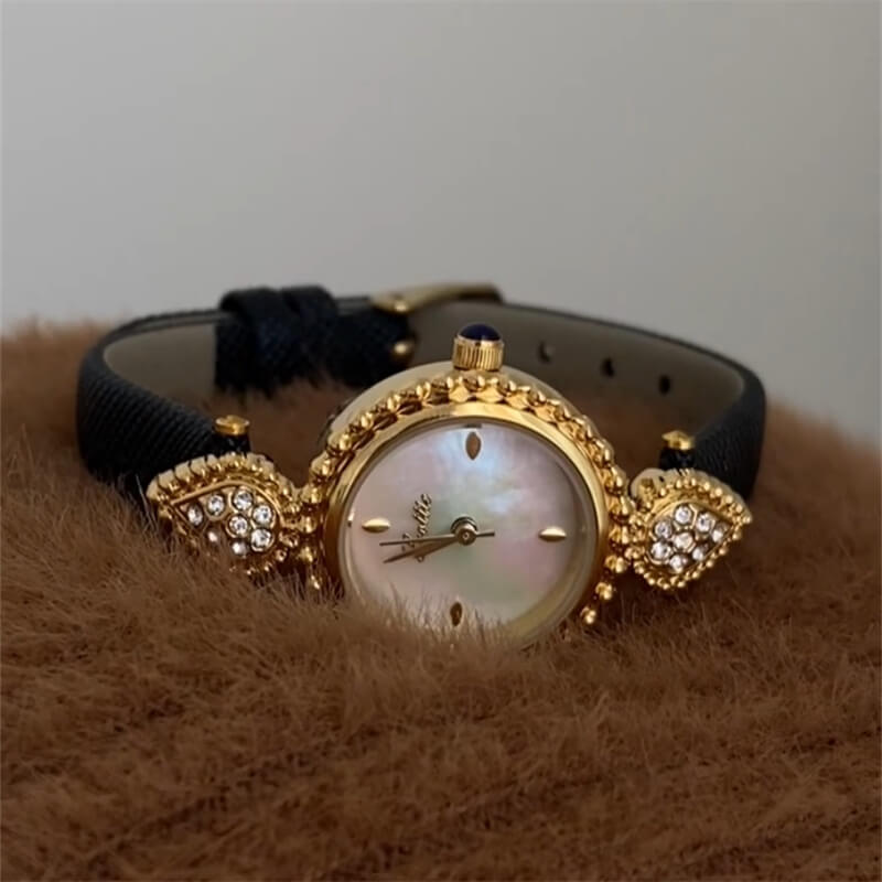 Danity Gold Round Face Genuine Leather Watch For Women
