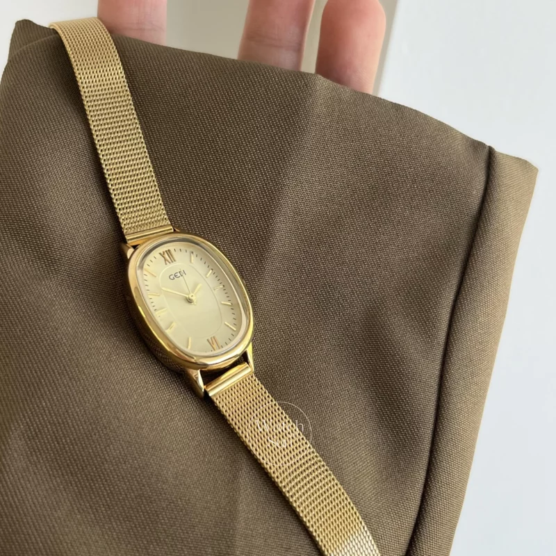 Vintage Style Golden Oval Leather/ Stainless Steel Watch
