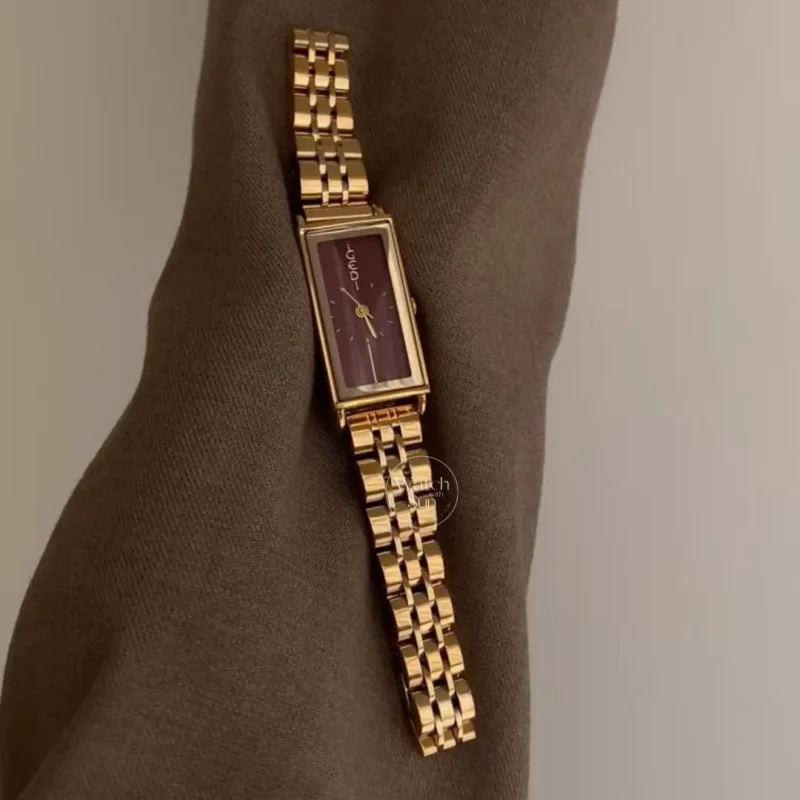 Vintage-Inspired Gold Watch Rectangular Case Burgundy Dial Watch for Women