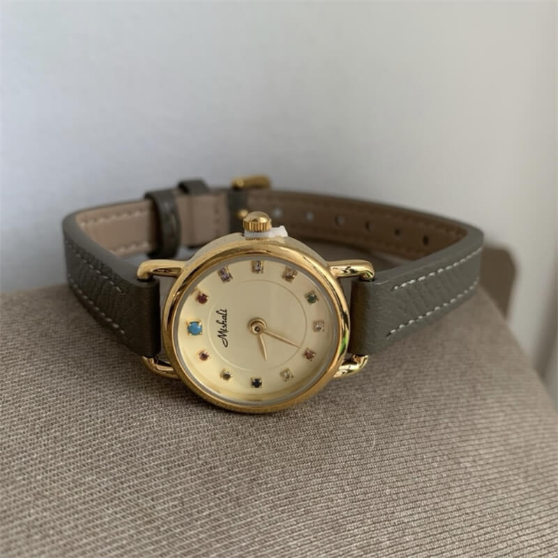 Minimalist Style Black/Grey Round Genuine Leather Watch