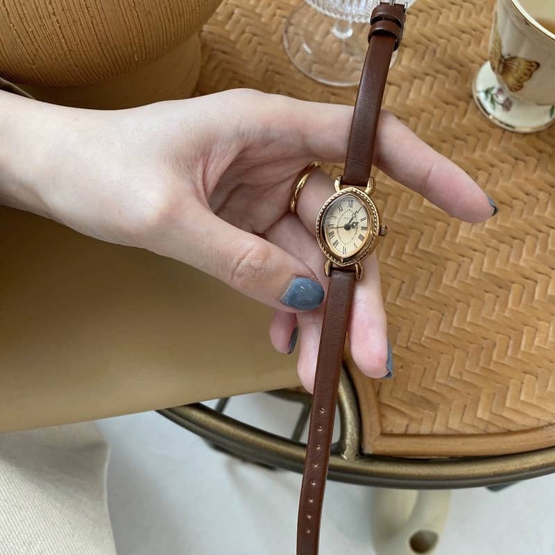 Classic Brown Bucket-Shaped Leather Watch for Women
