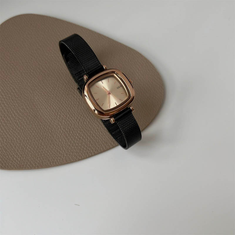 Classic Black-Gold Square Leather Watch for Women