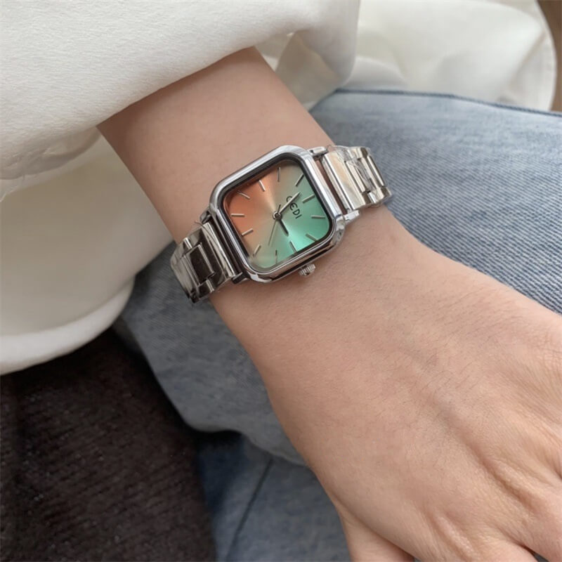 Dainty Silver-Orange Green Gradient Color Bracelet Watch