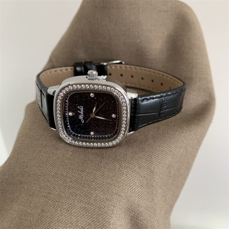 Chic Style Black Square Genuine Leather Wristwatch