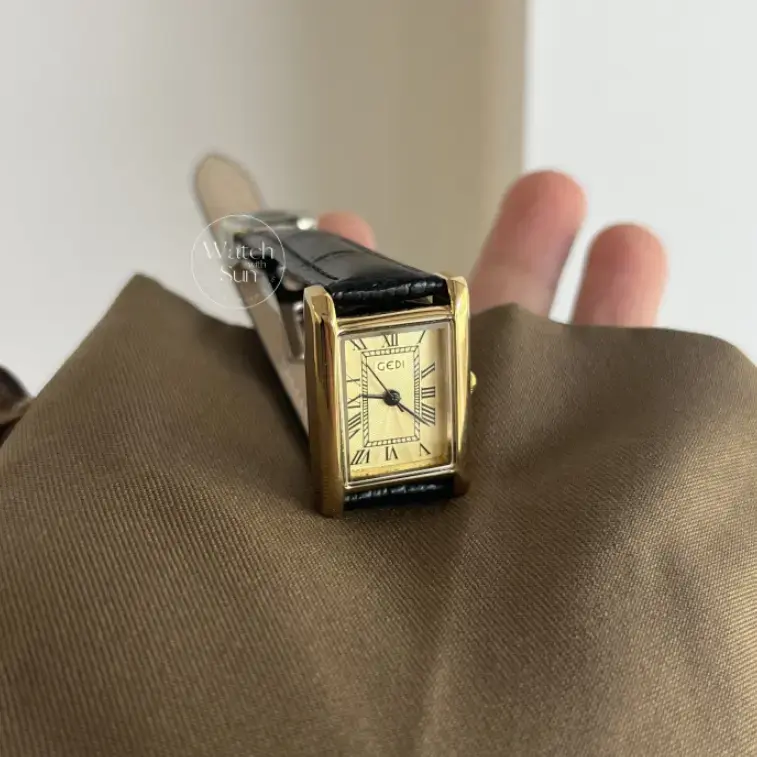 Classic black leather square Roman numeral gold dial watch