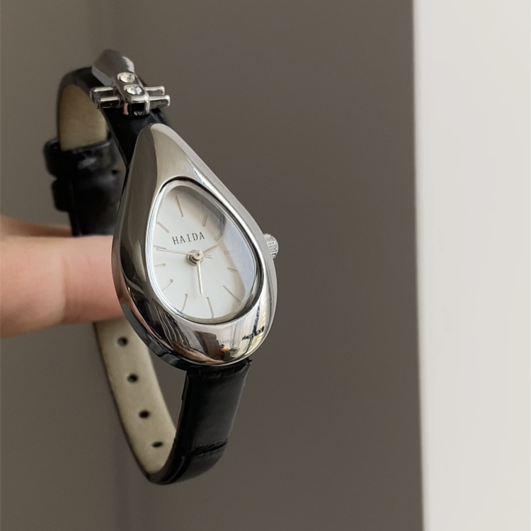 Dainty Black-Gold/Silver Water Drop Shape Leather Watch