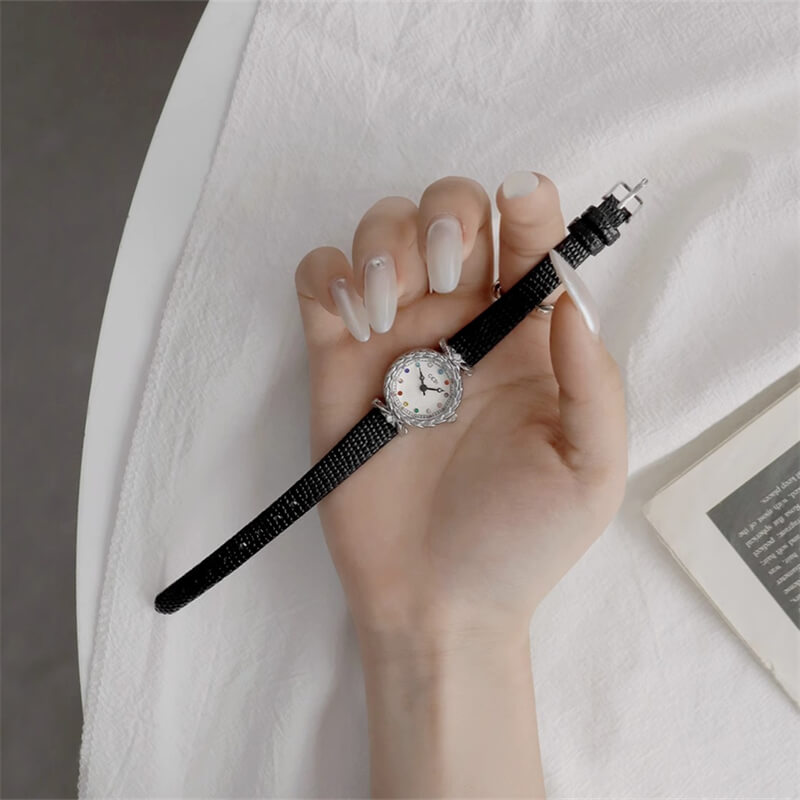 Dainty Brown/Black Round Leather Ladies’ Watch