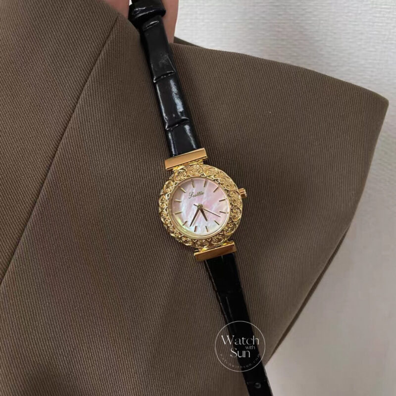 Dainty Mother of Pearl Round Face Black Leather Watch
