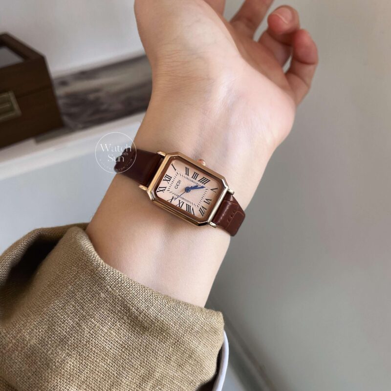 Classic Style Roman Numeral Dial Brown Leather Watch
