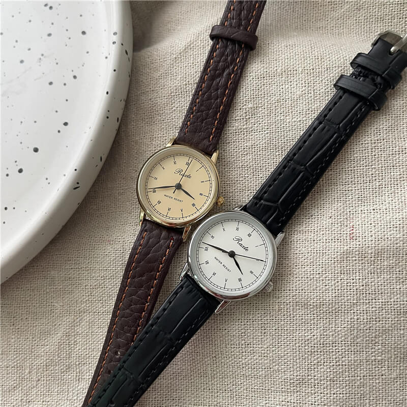 Vintage Style Brown/Black Round Genuine Leather Watch