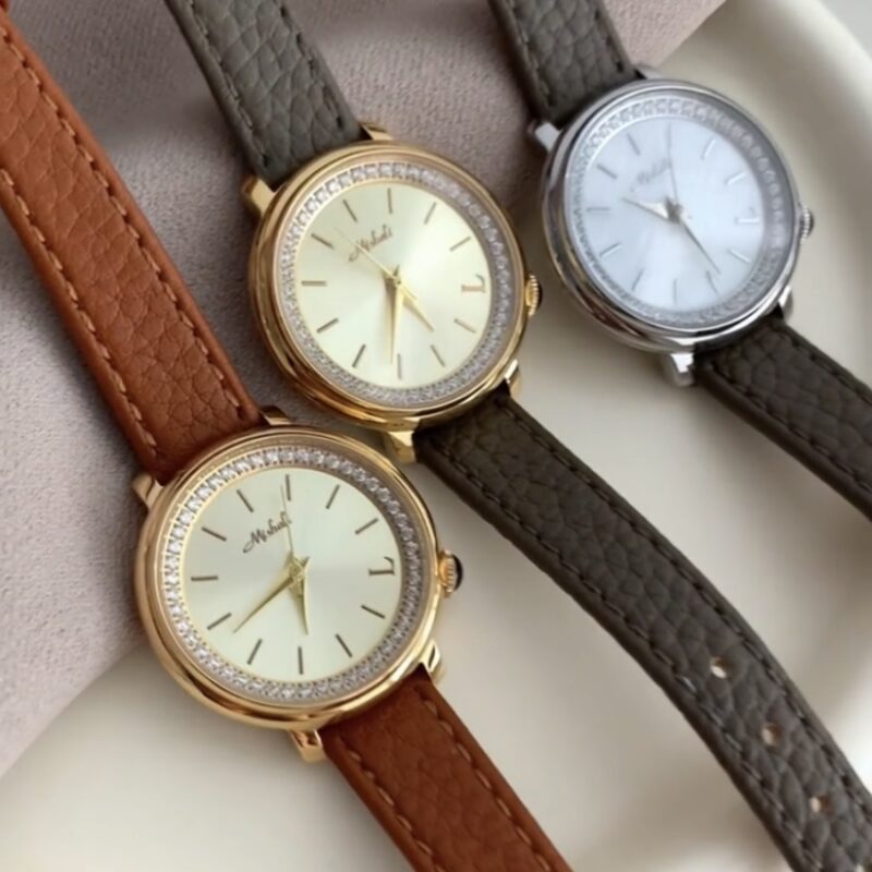 Vintage Style Gold/Silver Round Face Brown/Orange Leather Watch