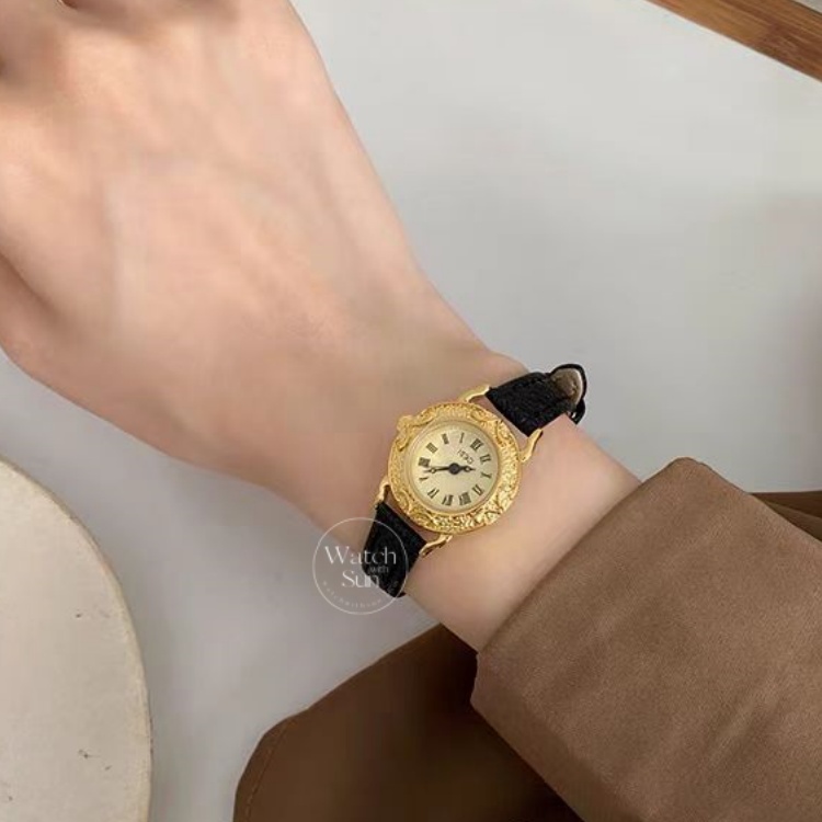 Vintage Style Black Leather Band Watch