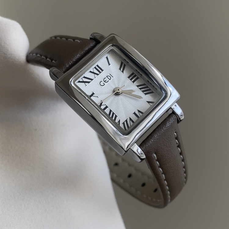 Chic Style Brown-White Rectangle Genuine Leather Watch