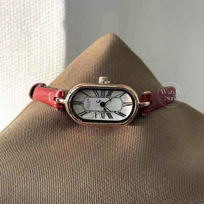Classic Red Oval Genuine Leather Wristwatch