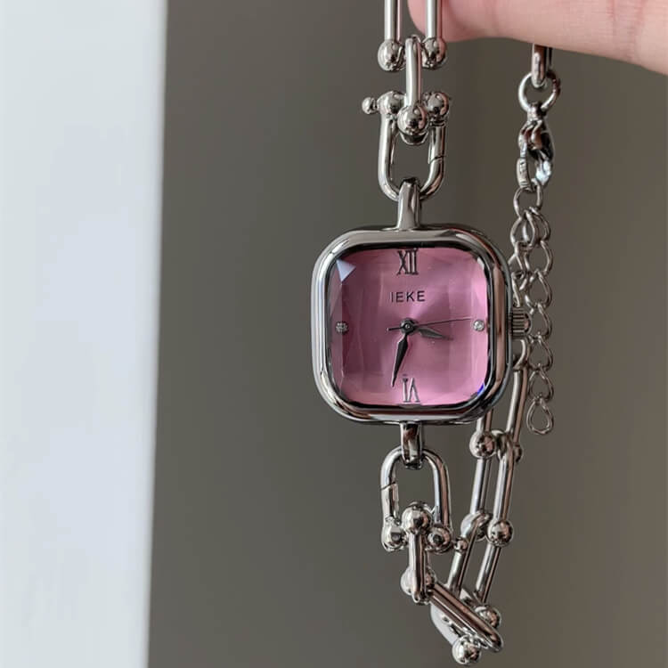 Dainty Silver-Blue/Pink/White Square Chain Watch