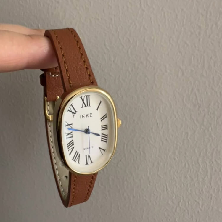 Vintage Black/Brown Band Oval Leather Wristwatch