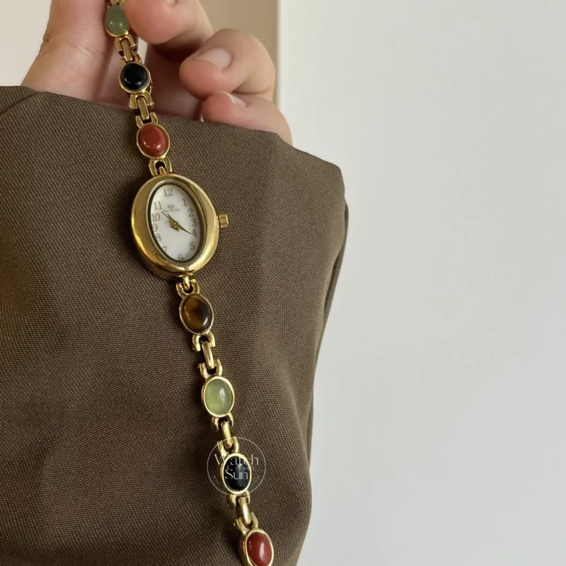 Vintage Gold Watch Mother of Pearl Dial Colorful Nature Stone Bracelet Watch