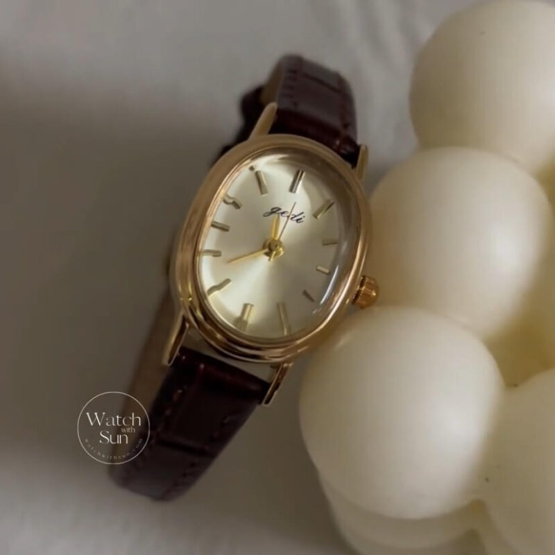 Chic Oval Face Brown Leather Watch for Women