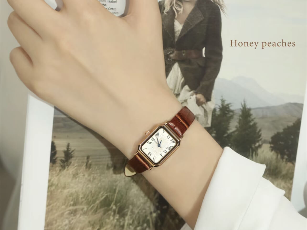 Brown square women's belt watch wearing picture