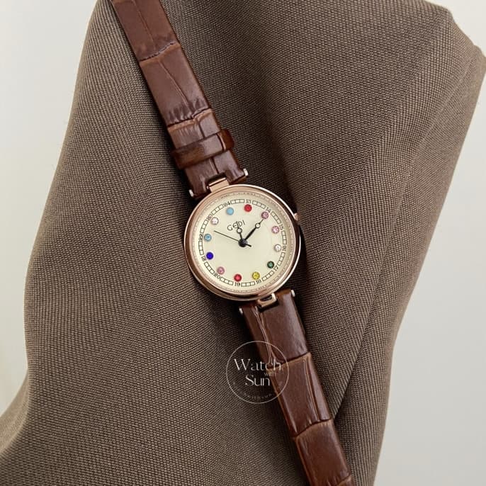 Dainty Brown/Black Round Leather Women's Watch