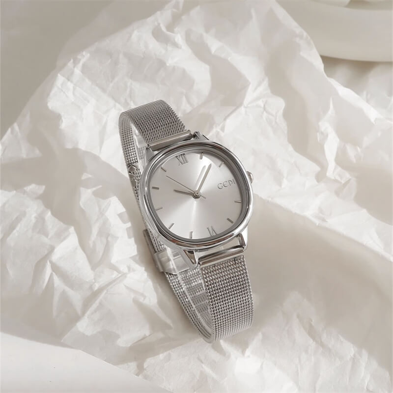 Minimalist Style Silver Round Mesh Strap Quartz Watch