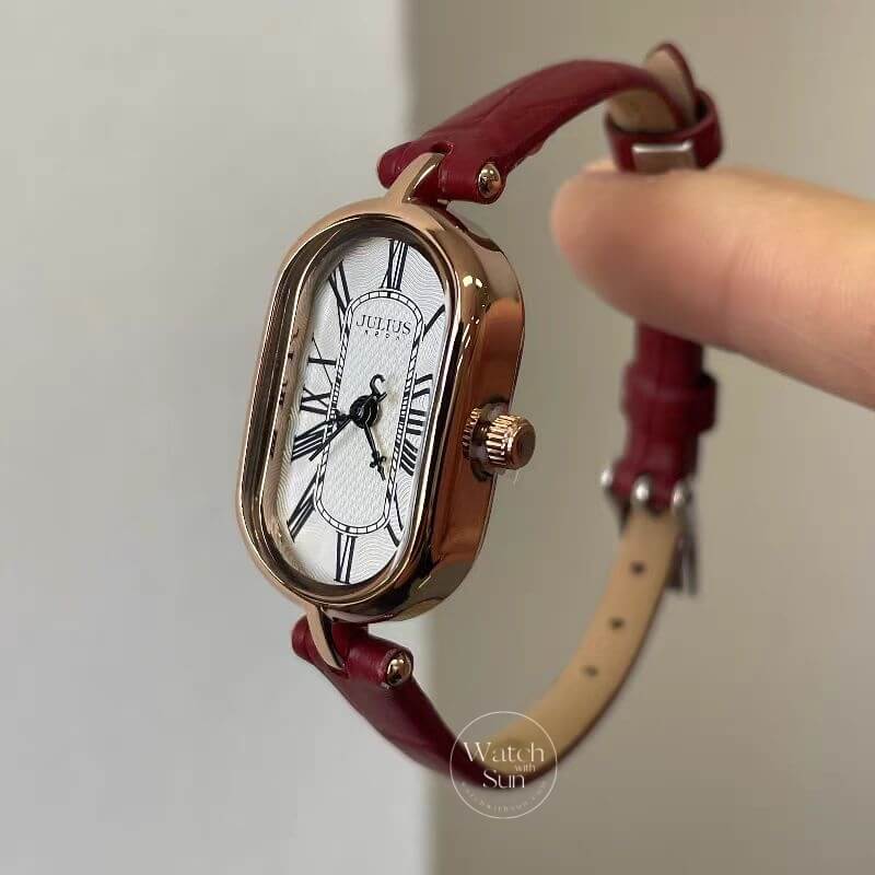 Classic Red Oval Genuine Leather Wristwatch