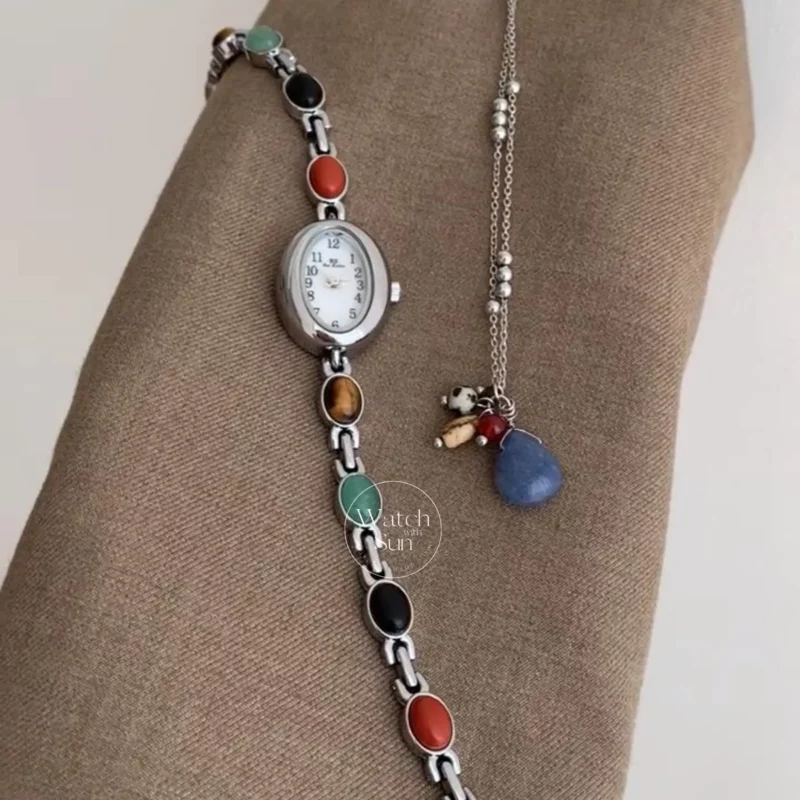 Vintage Style Colorful Nature Stone Bracelet Watch for Women