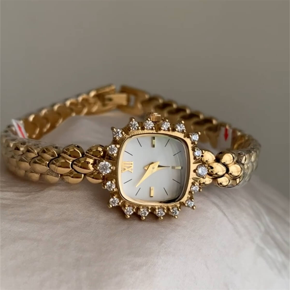 Square Face Gold Bracelet Zirconia Watch