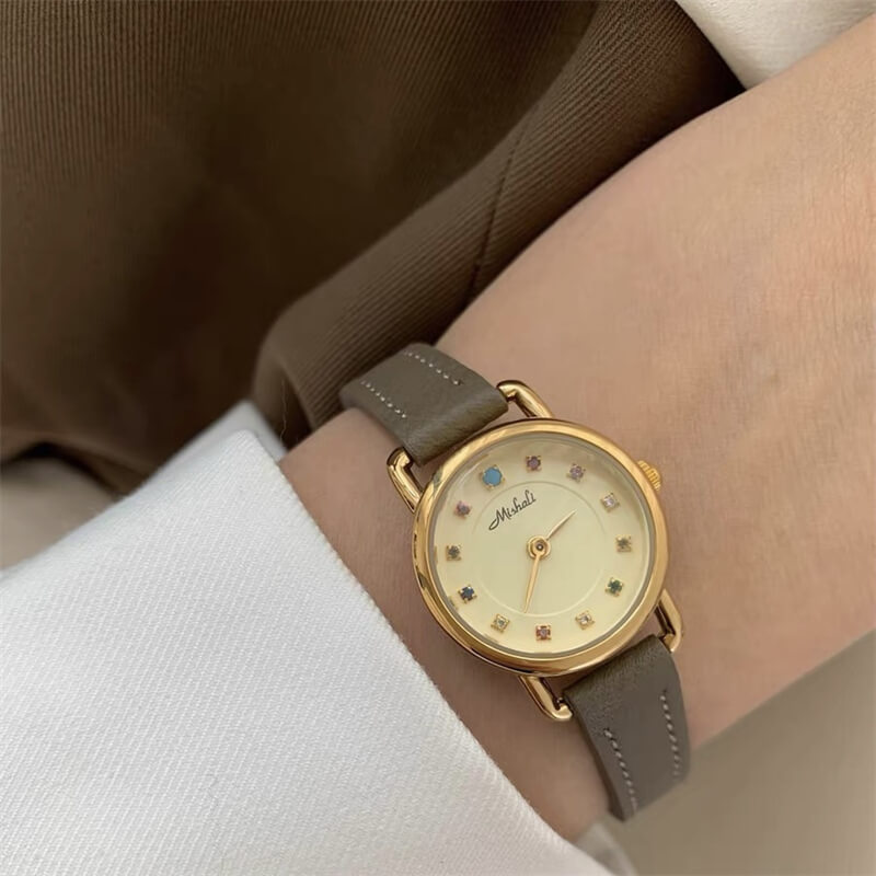 Minimalist Style Black/Grey Round Genuine Leather Watch