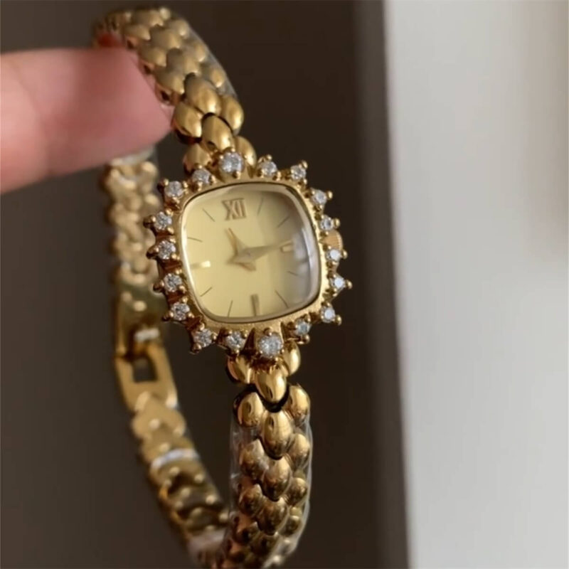 Square Face Gold Bracelet Zirconia Watch