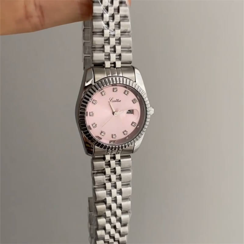 Chic Style Silver-Pink Round Bracelet Watch for Women