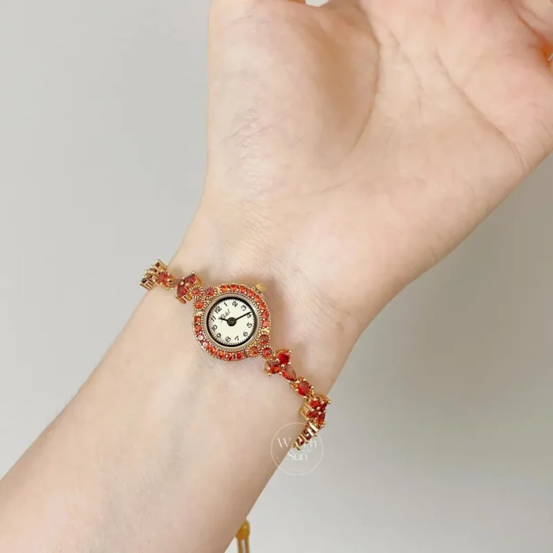 Vintage-inspired Red Crystal Bracelet Watch Thin Bracelet Elegant Ladies Watch