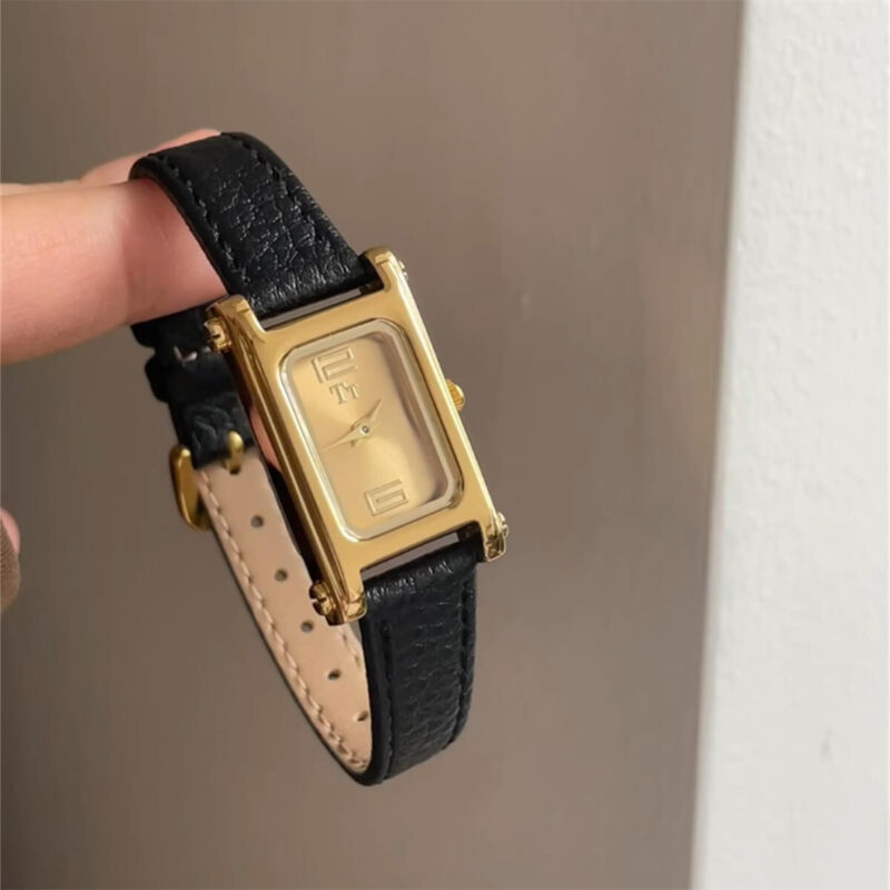 Square Face Black/Grey Leather Gold Watch