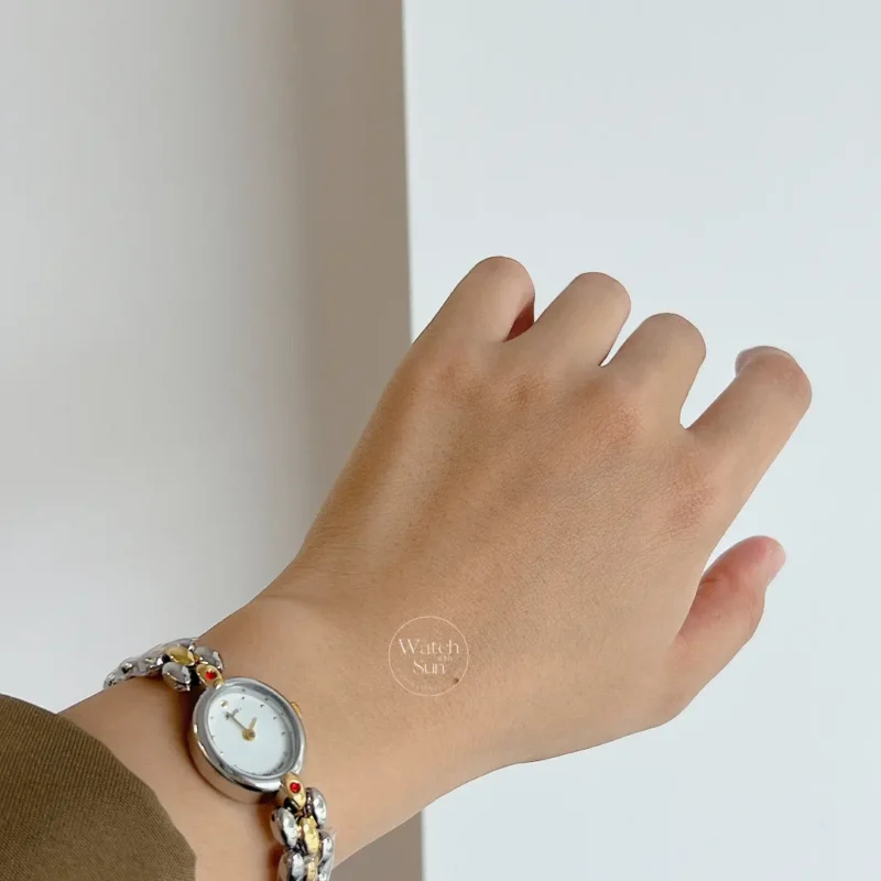 Vintage-Inspired White Dial Oval Face Two Tone Bracelet Watch for Women