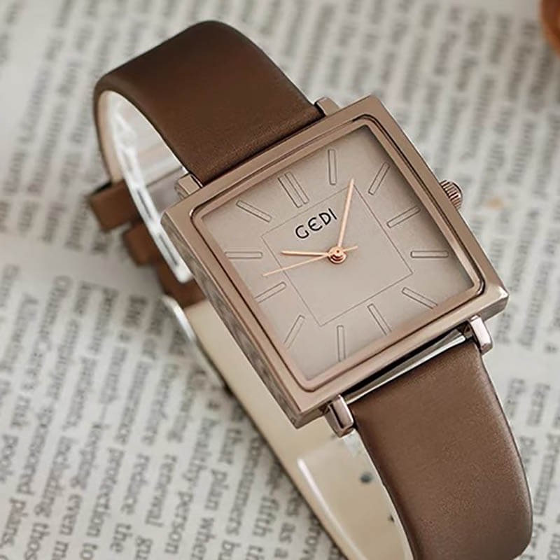 Chic Style Brown/Black Square Leather Watch for Women