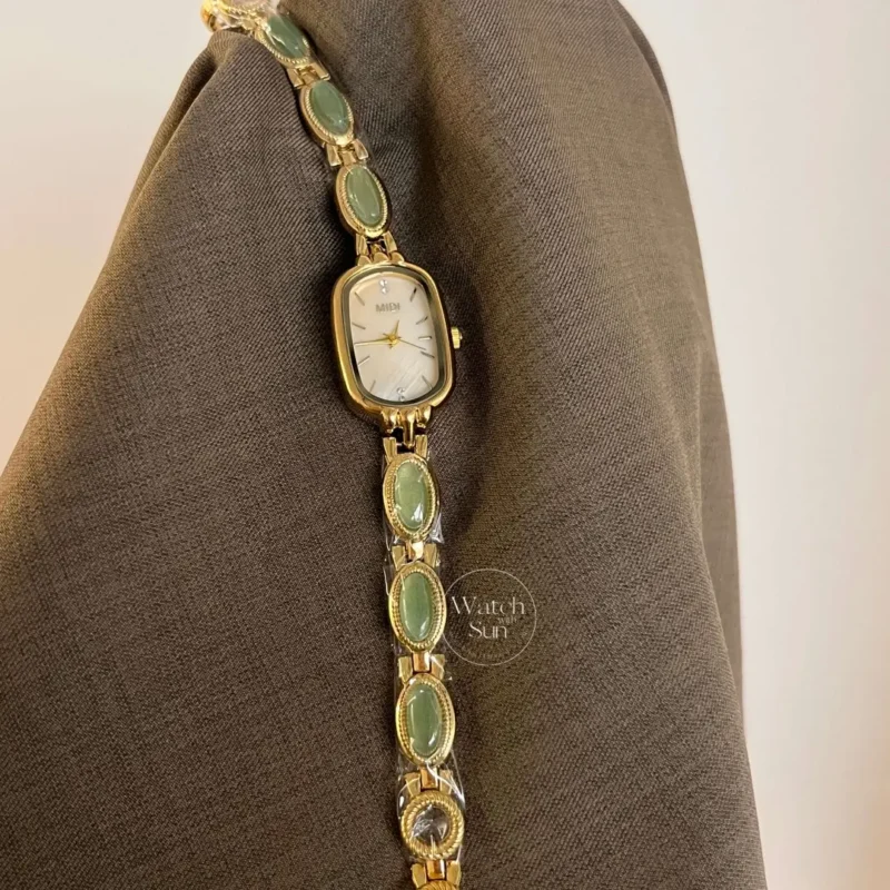 Beige Mother of Pearl Dial Watch Green Jade Bracelet Gemstone Watch for Women