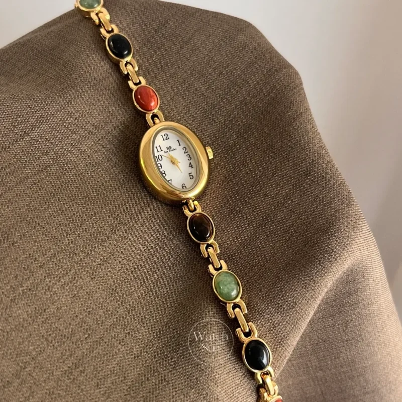 595-7 Vintage Gold Watch Mother of Pearl Dial Colorful Nature Stone Bracelet Watch